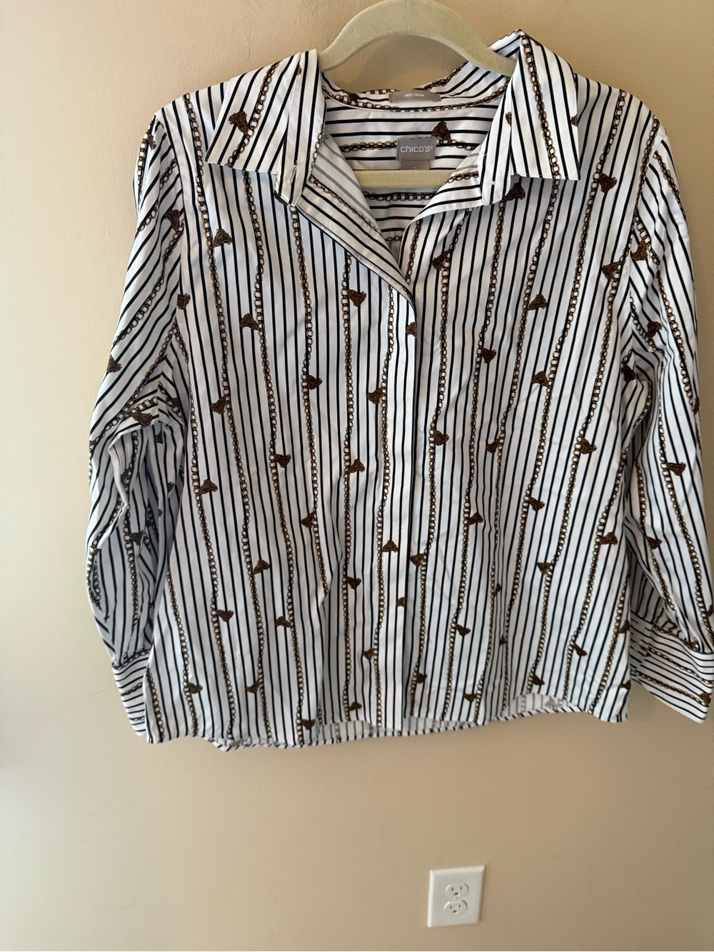 Chico's Sateen Tassel-Striped Cotton Shirt - Size 12-14 work top